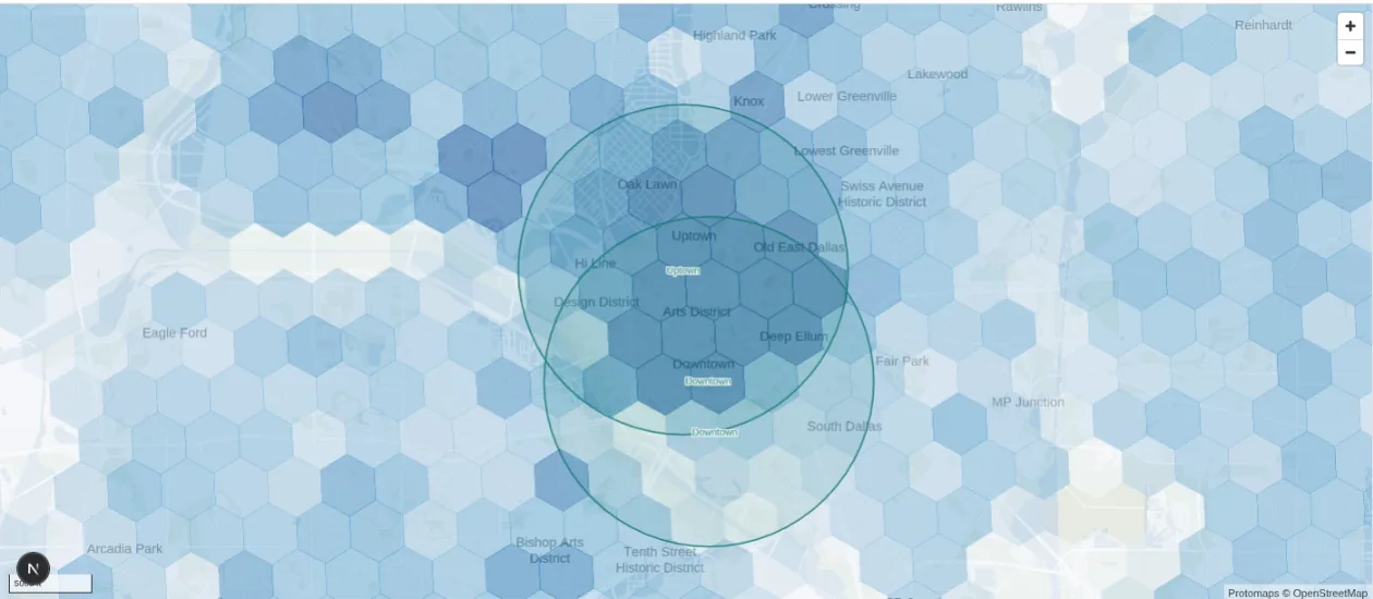 Central Dallas with the daytime population layer on, showing dense hexagons over downtown and the Arts District